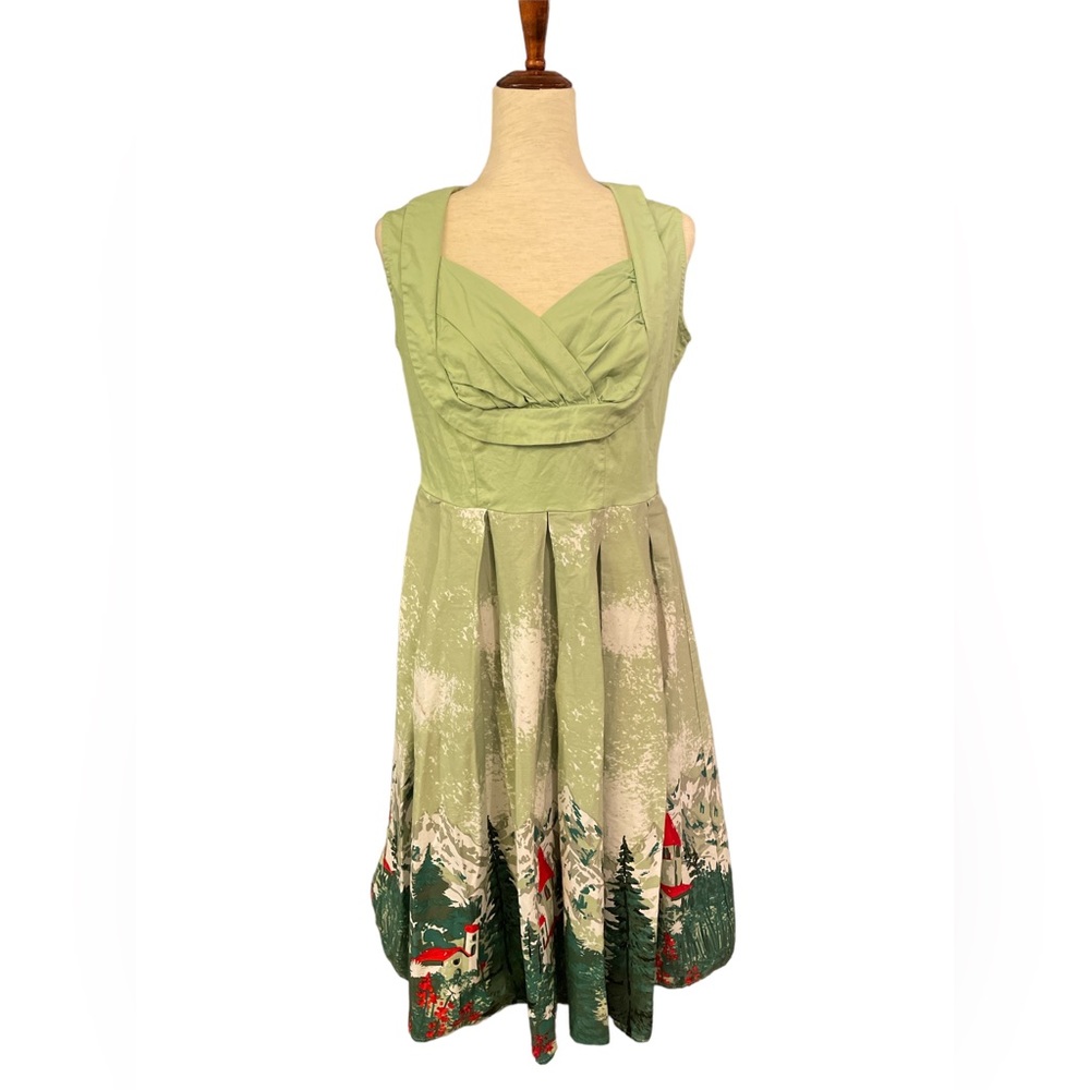 Vintage Inspired Cotton Green Landscape Print  Sleeveless Sundress M/L